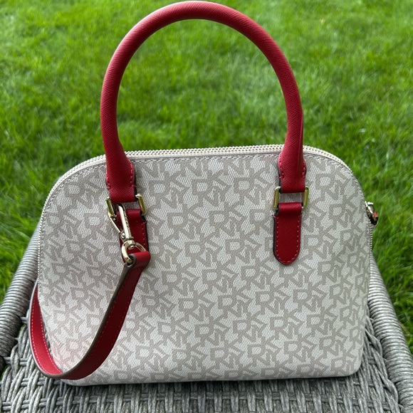 DKNY Bryant Dome Satchel/Crossbody, Tan Monogram & Red w/ Gold Hardware. NWOT - Picture 2 of 16